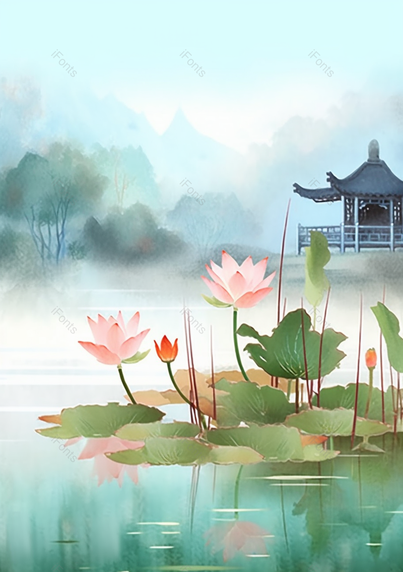 绿色夏天荷花唯美中国风背景,插画/手绘图,插画/手绘图库,插画/手绘图下载,插画/手绘